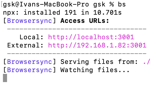 Ввод алиаса bs и успешный запуск browser-sync